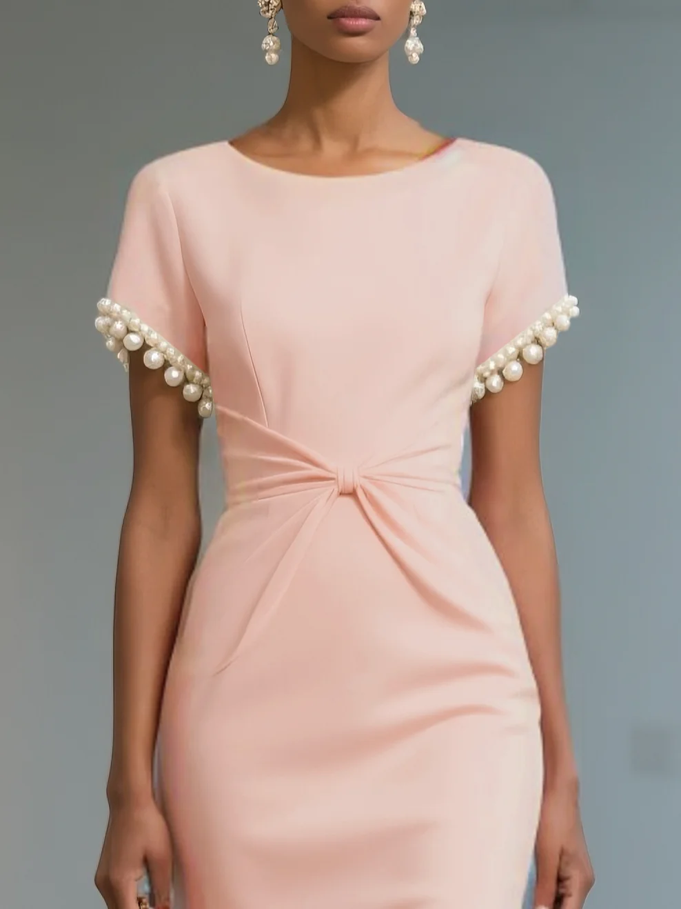 White Imitation Pearls Knot Front Classic Boat Neck Short Sleeve Sheath Midi Dress