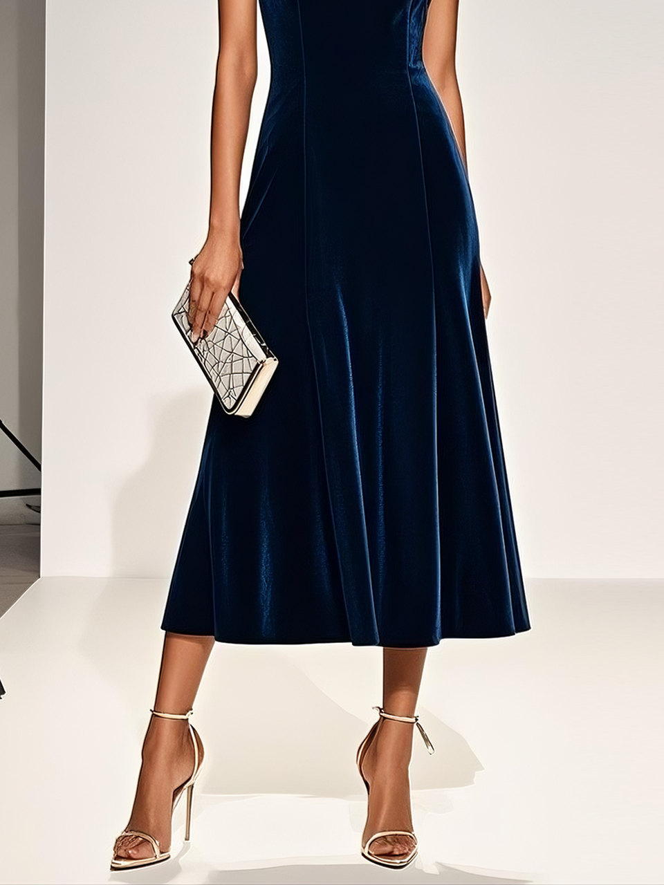 Navy Blue Velvet Boat Neck Sleeveless A-Line Midi Dress