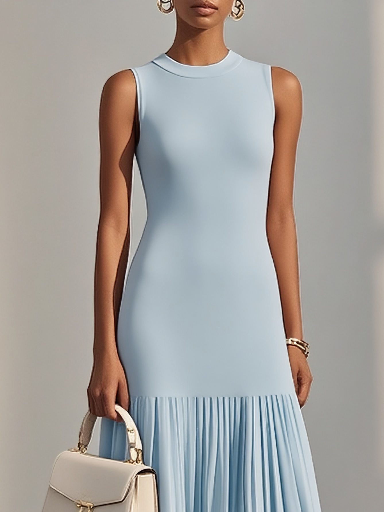 Beige Pleated Knit Crew Neck Sleeveless A-Line Midi Jersey Dress