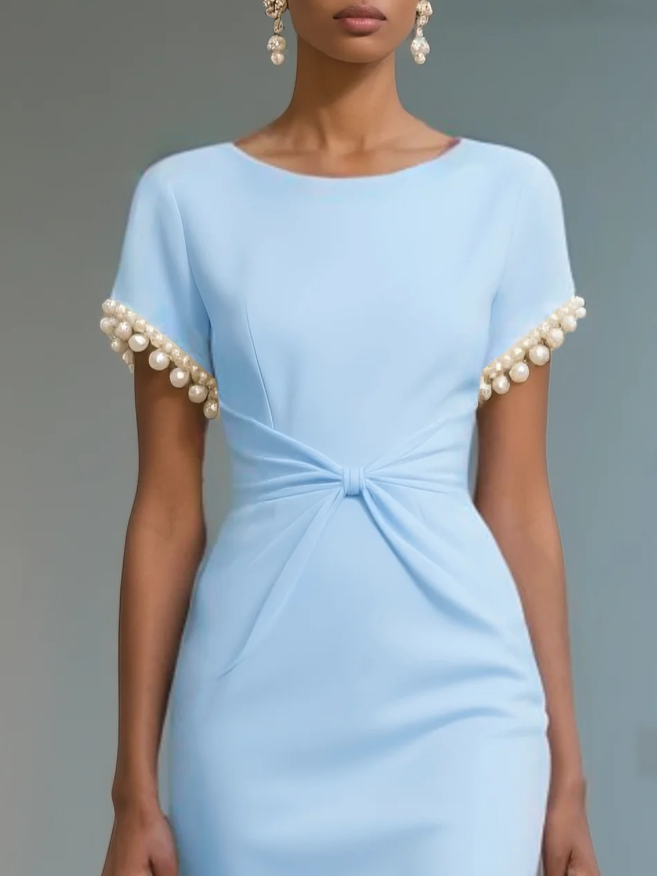 White Imitation Pearls Knot Front Classic Boat Neck Short Sleeve Sheath Midi Dress