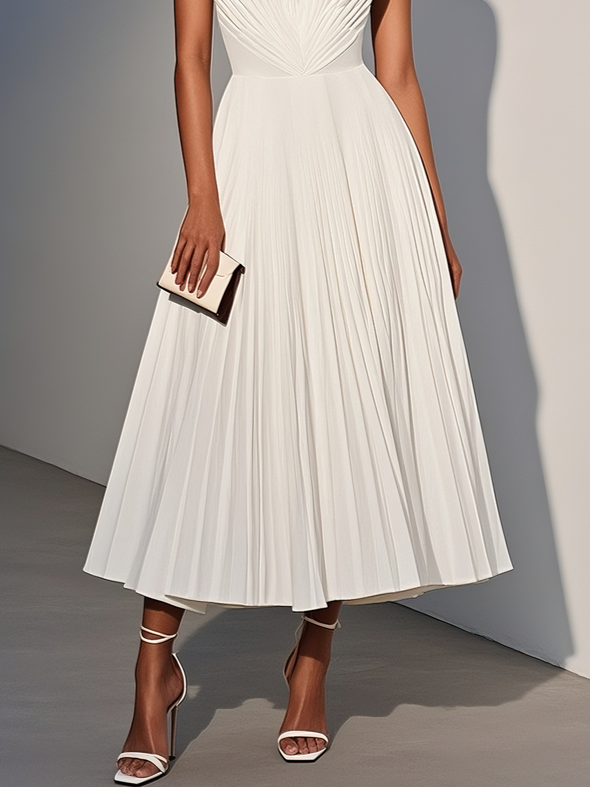 White Pleated Classic Strapless Sleeveless A-Line Midi Dress