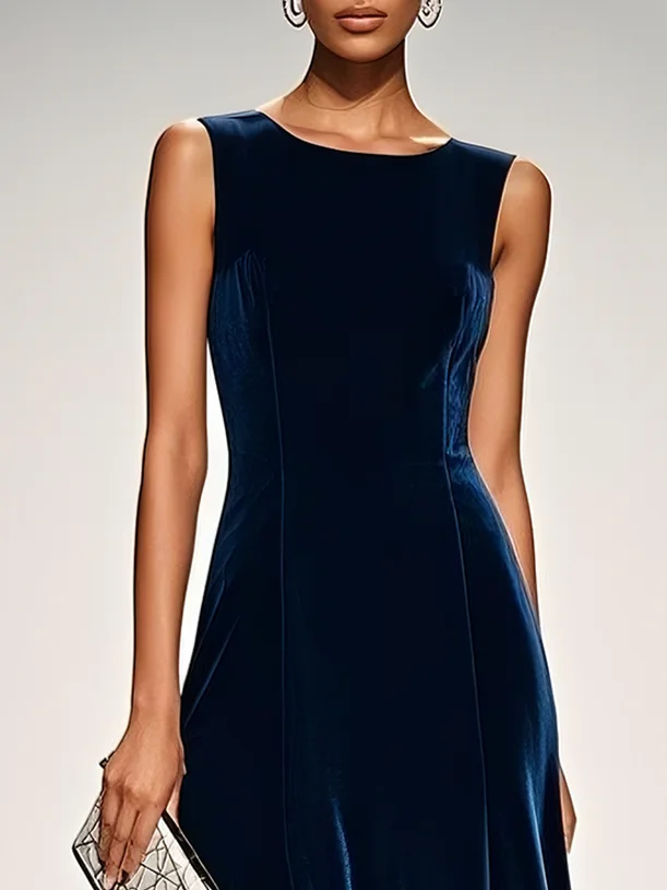 Navy Blue Velvet Boat Neck Sleeveless A-Line Midi Dress