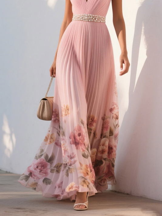 Pink Pleated Floral Deep V Neck A-Line Maxi Chiffon Dress