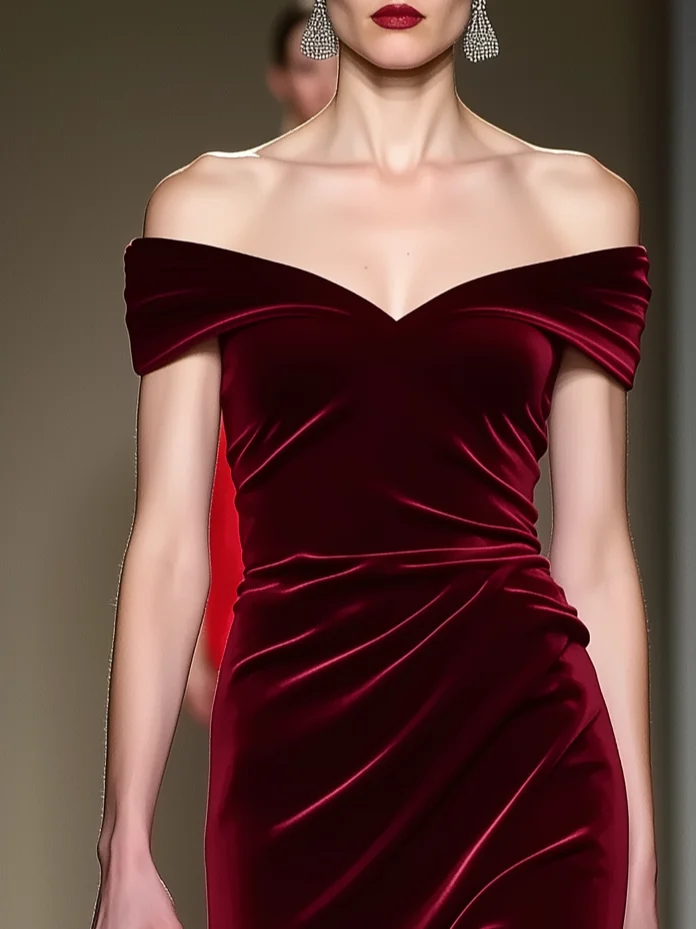 Wine Red Beaded Lace Velvet Off The Shoulder Short Sleeve Mermaid Gown Dress