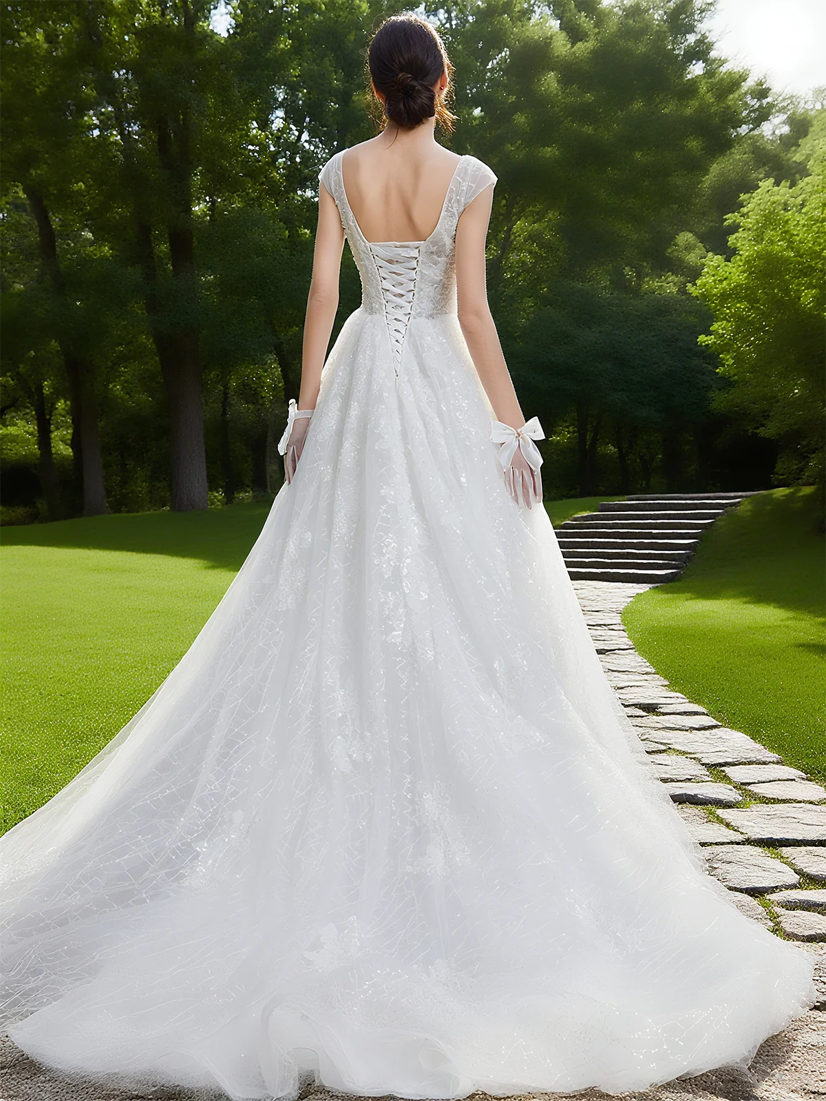 White Mesh Bridal/Wedding Dress V Neck Sleeveless A-Line Gown