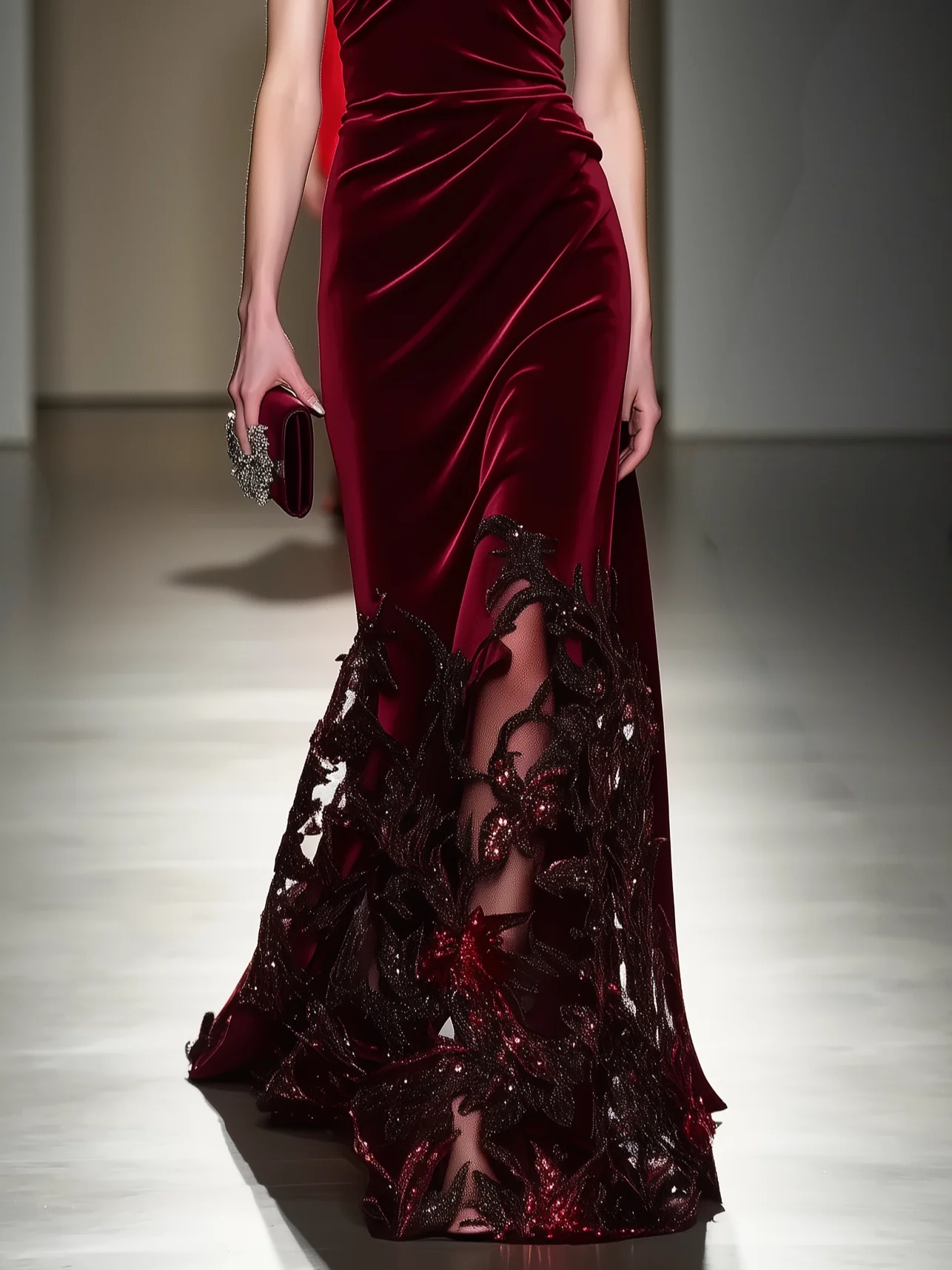 Wine Red Beaded Lace Velvet Off The Shoulder Short Sleeve Mermaid Gown Dress