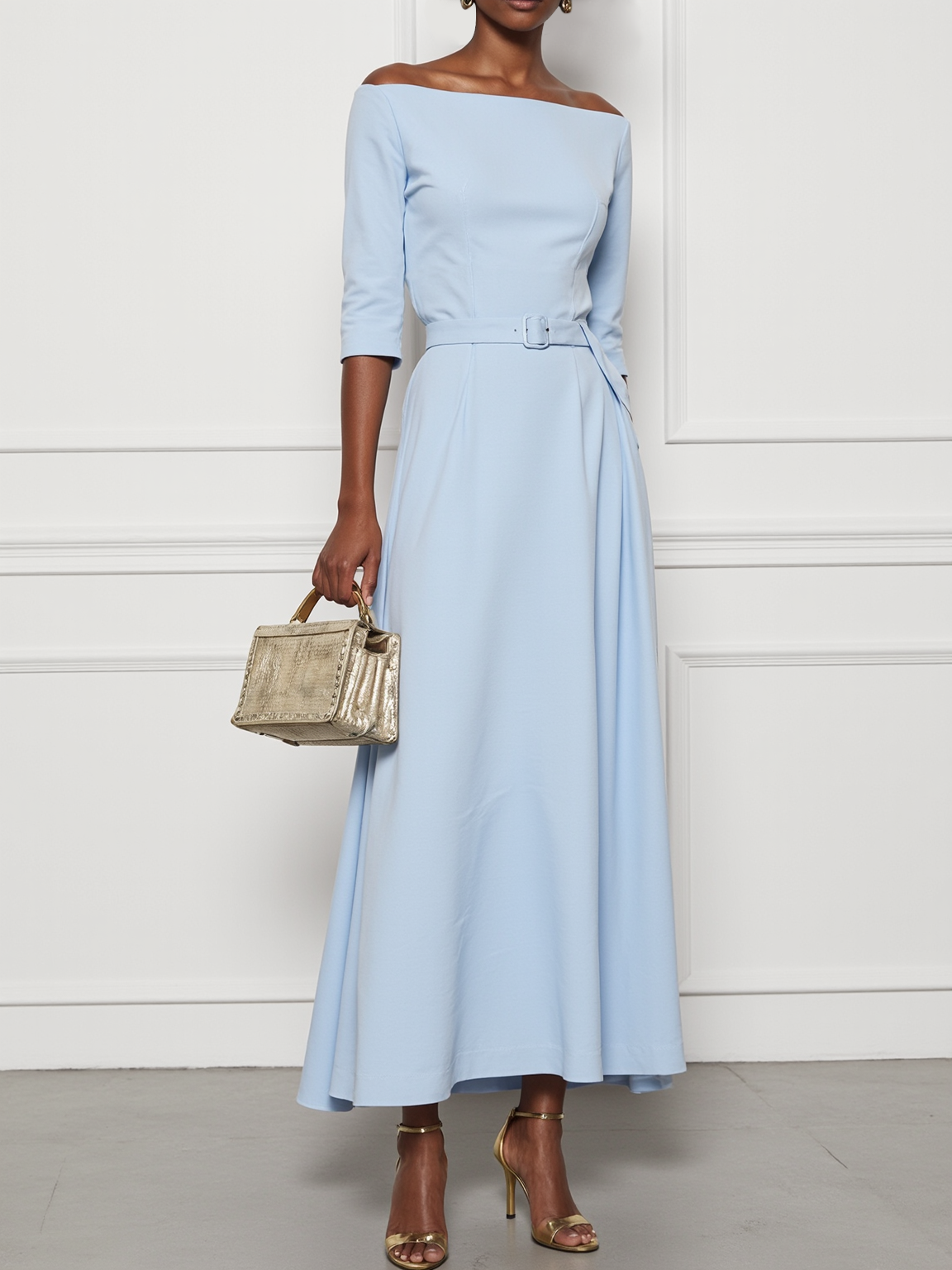Light Blue Cotton Off The Shoulder Half Sleeve A-Line Maxi Dress