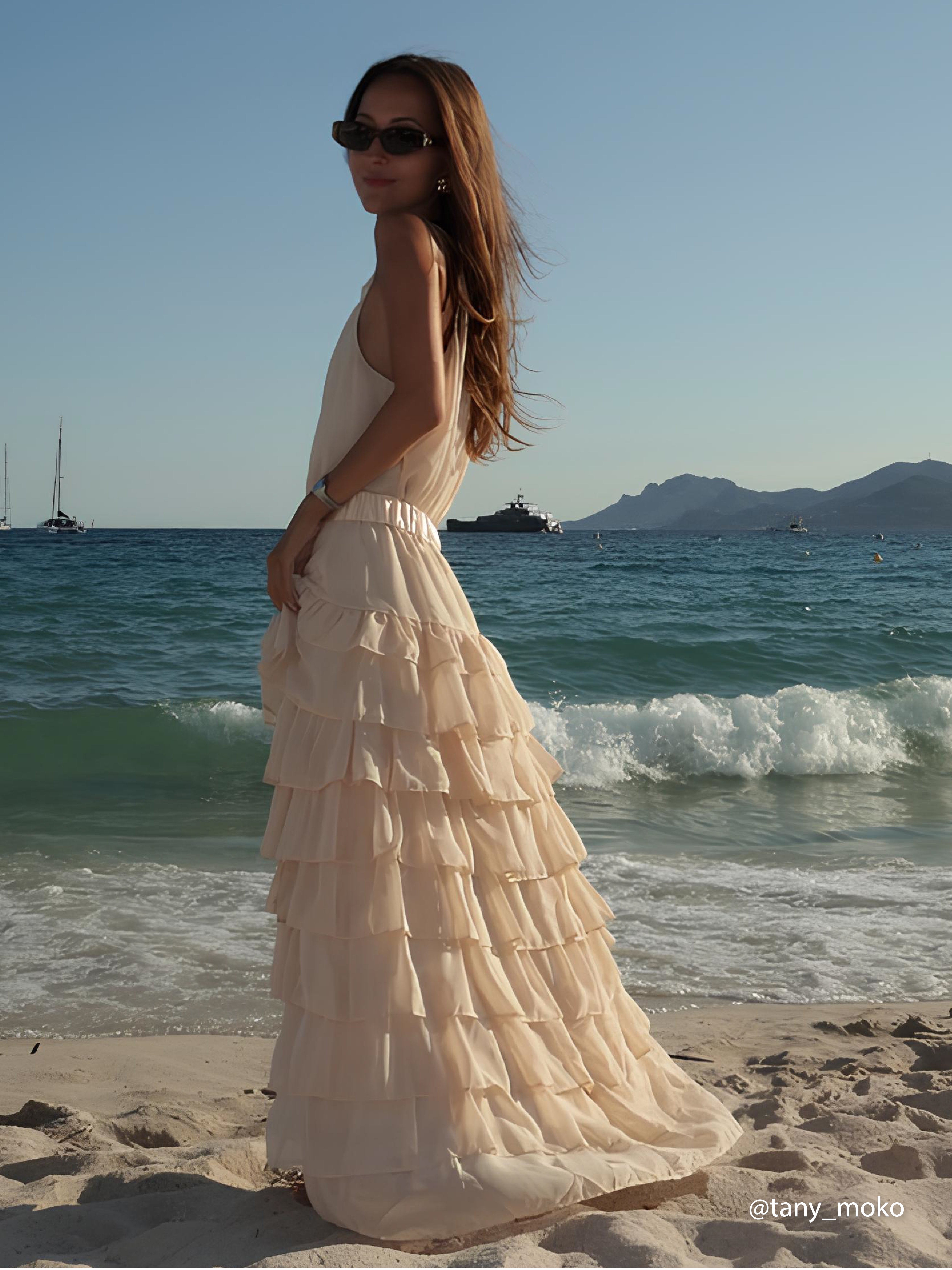 Beige Peplum Tiered Chiffon Halter Sleeveless A-Line Maxi Two-piece Dress