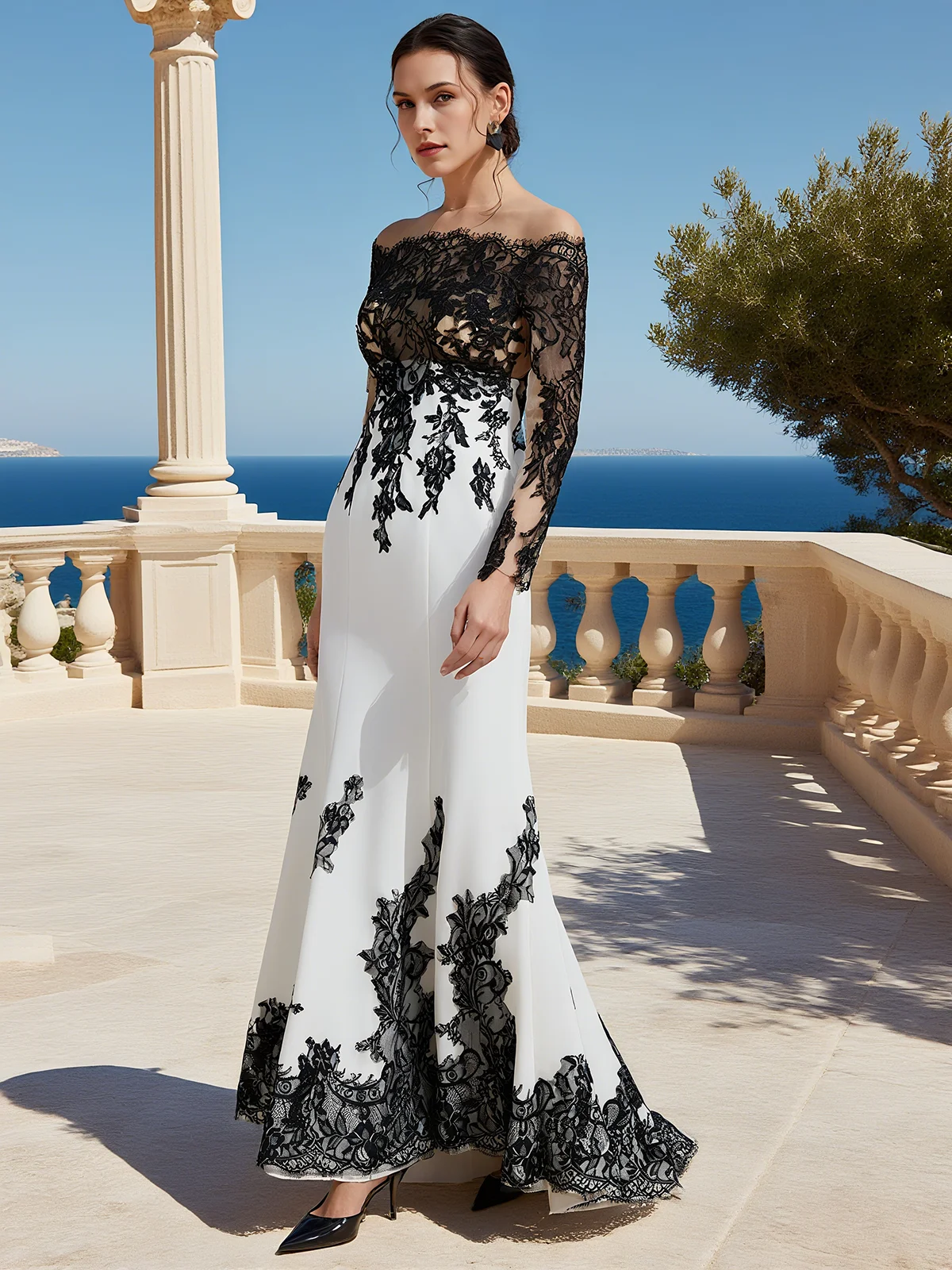 White Lace Mesh Bridal/Wedding Dress Crew Neck Long Sleeve Sheath Gown