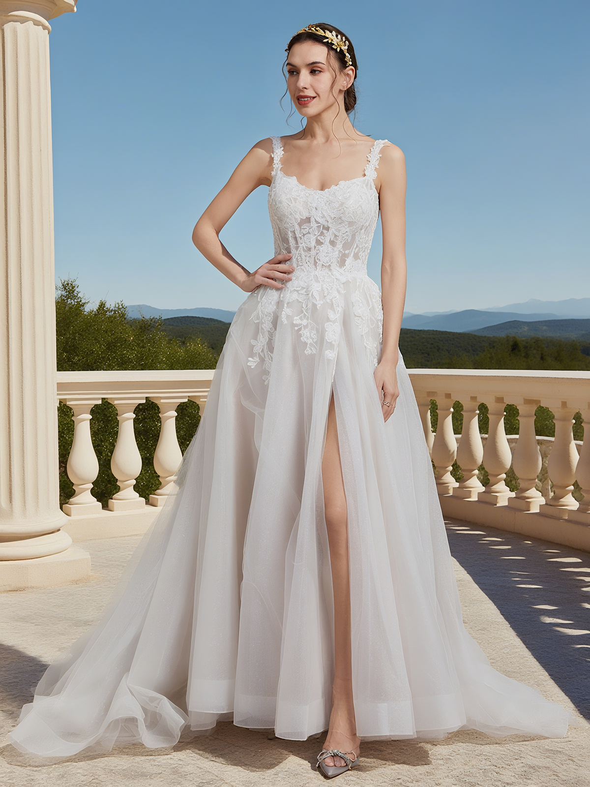 White Split Joint Ruched Bridal/Wedding Dress V Neck Sleeveless A-Line Gown
