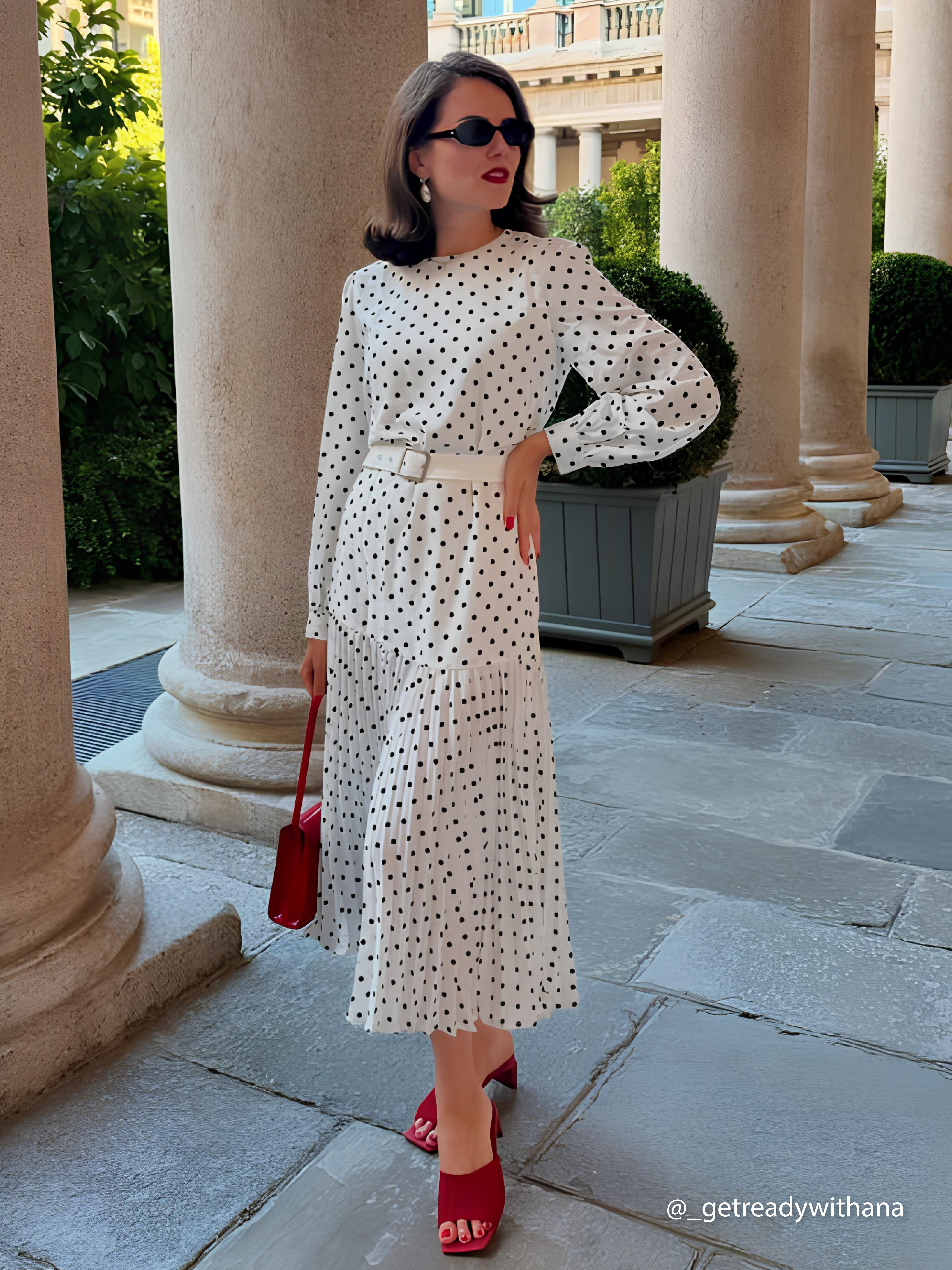 White Pleated Polka Dots Classic Crew Neck Long Balloon Sleeve A-Line Midi Dress