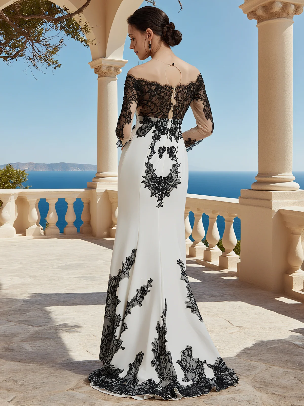 White Lace Mesh Bridal/Wedding Dress Crew Neck Long Sleeve Sheath Gown