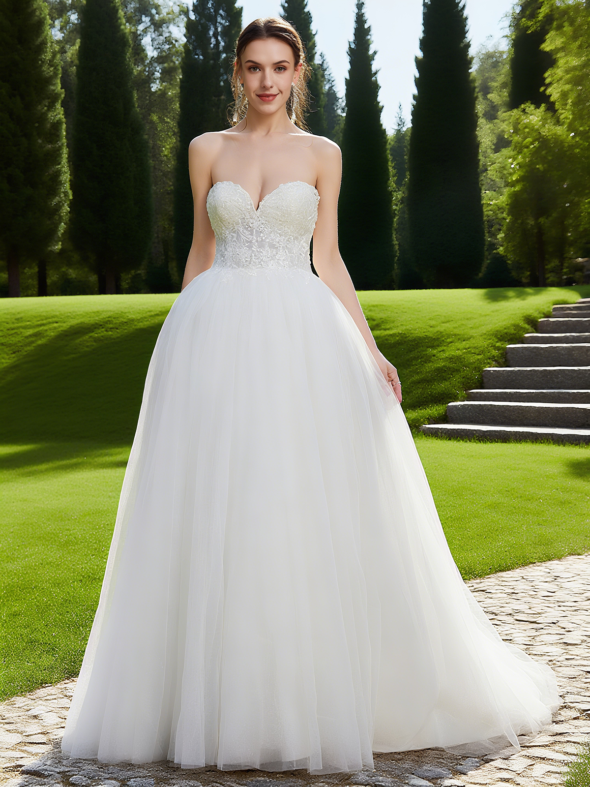 White Mesh Bridal/Wedding Dress Strapless Sleeveless A-Line Gown