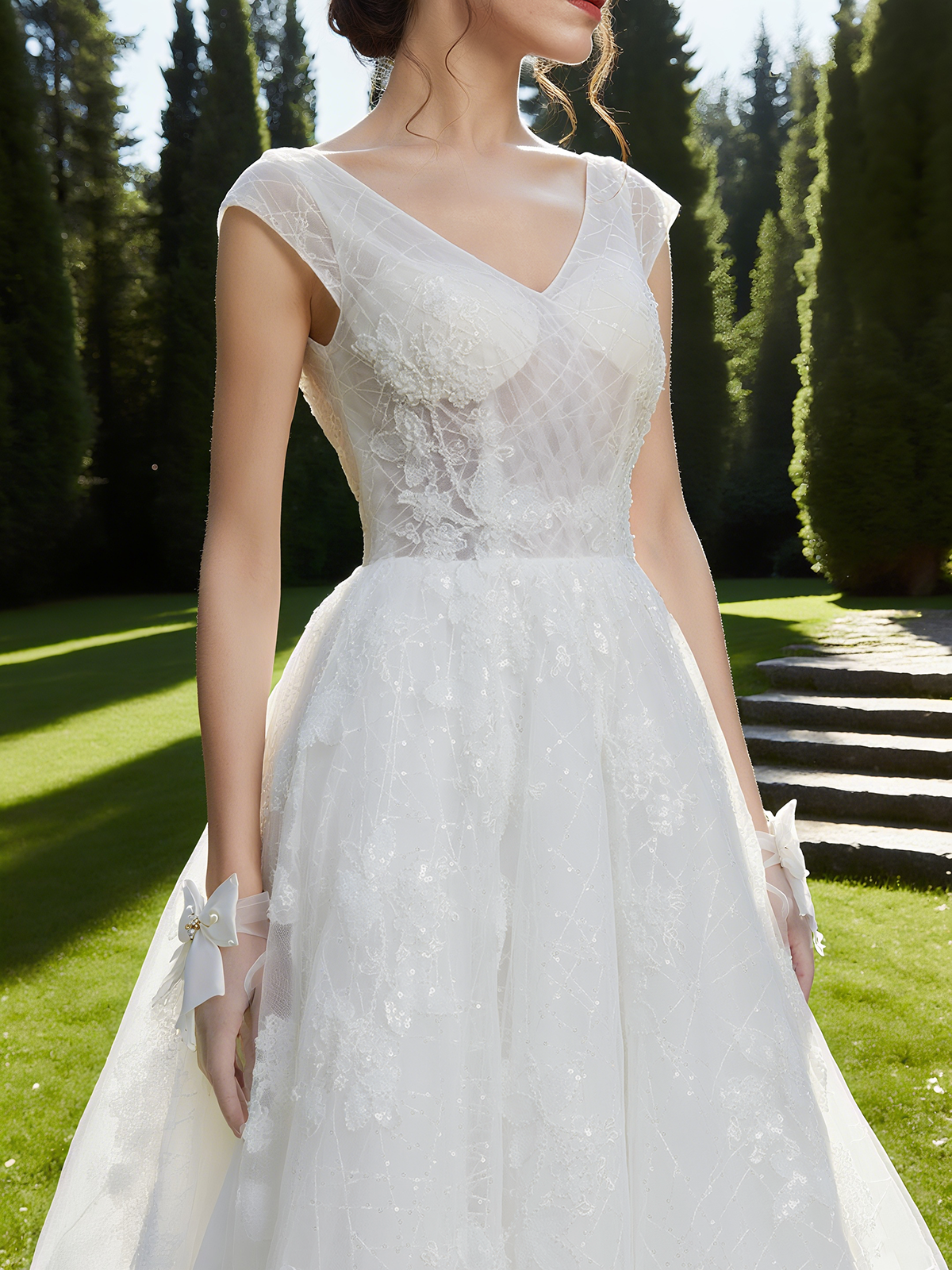 White Mesh Bridal/Wedding Dress V Neck Sleeveless A-Line Gown