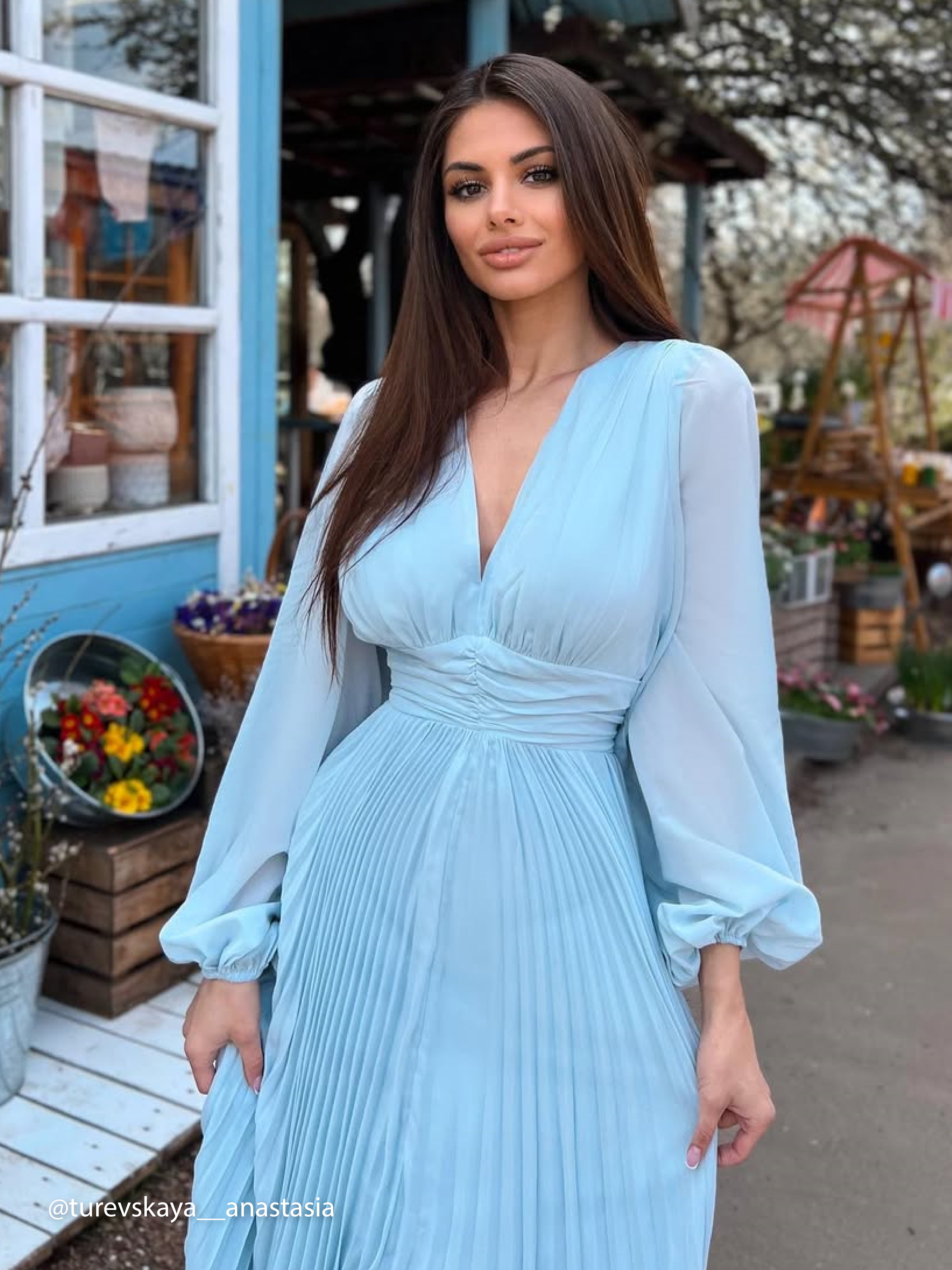 Light Blue Pleated Ruched Balloon Sleeve A-Line Midi Chiffon Dress