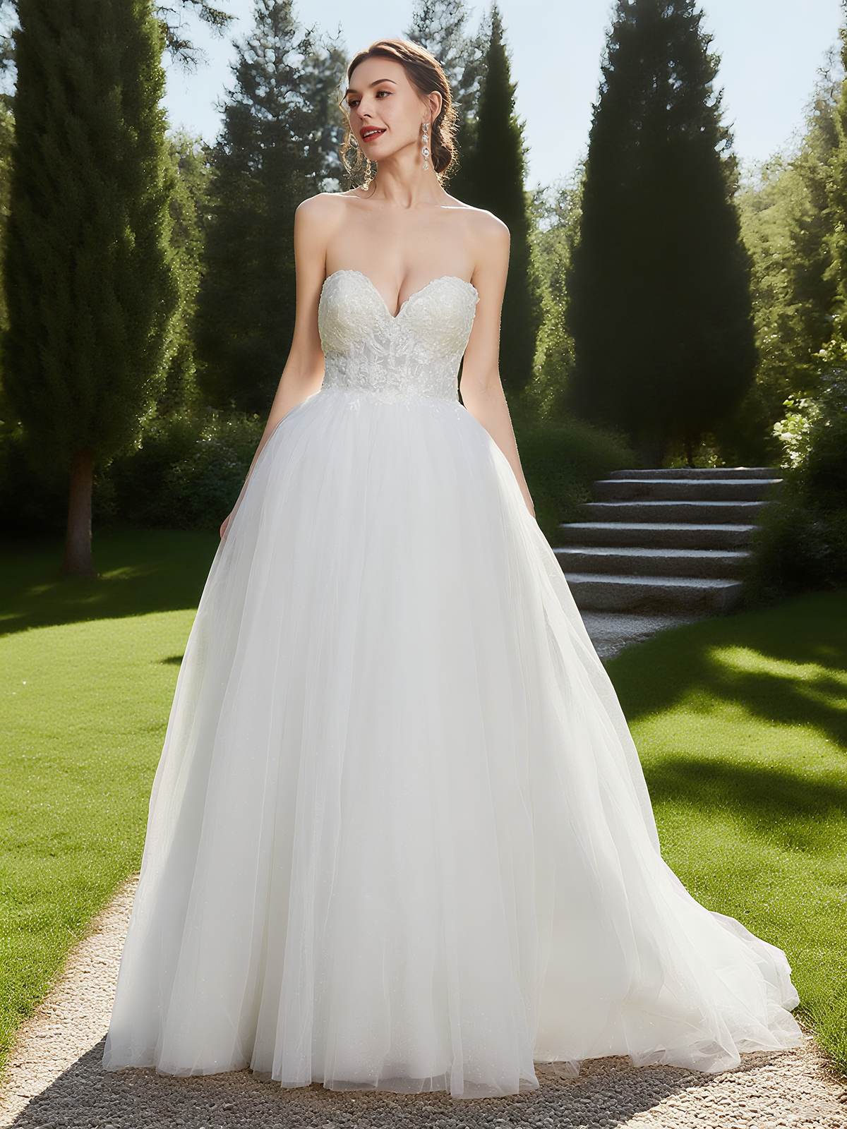 White Mesh Bridal/Wedding Dress Strapless Sleeveless A-Line Gown