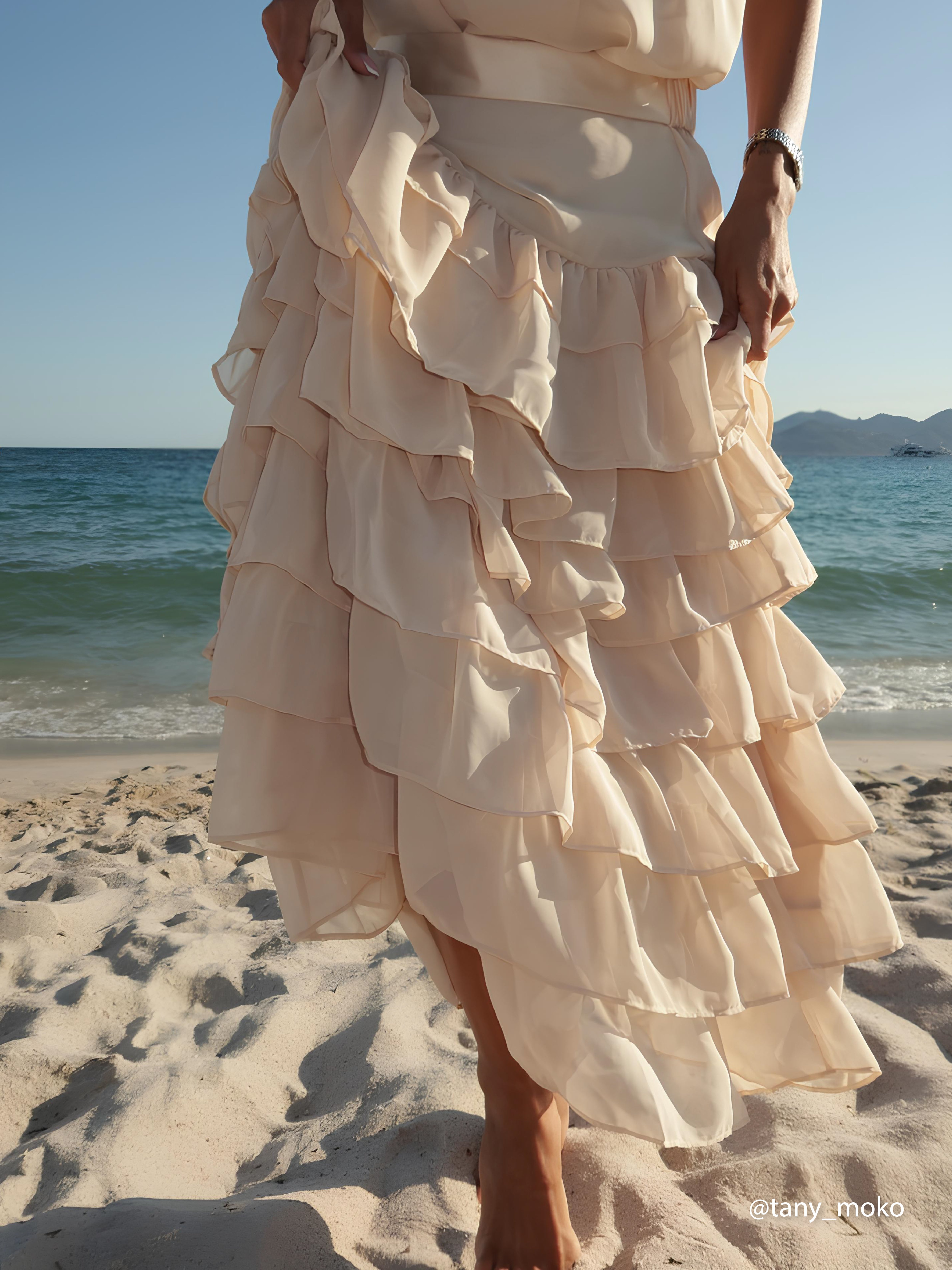 Beige Peplum Tiered Chiffon Halter Sleeveless A-Line Maxi Two-piece Dress