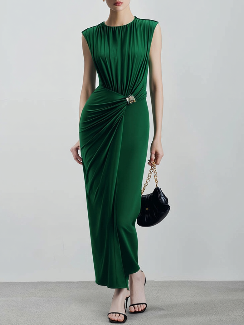 darkgreen Grommets Ruched Knit Crew Neck Sleeveless Sheath Maxi Dress