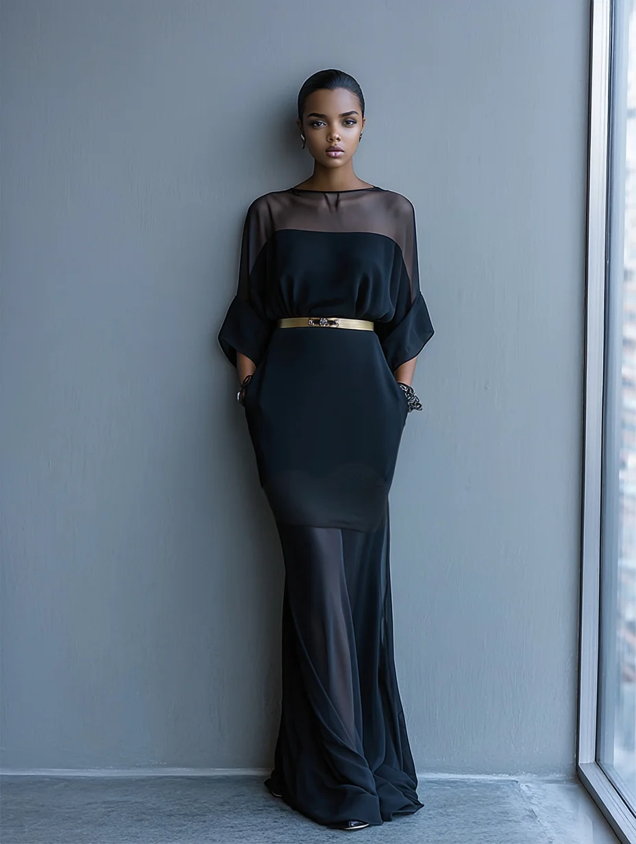 Black Split Joint Chiffon Boat Neck Half Sleeve Mermaid Maxi Dress