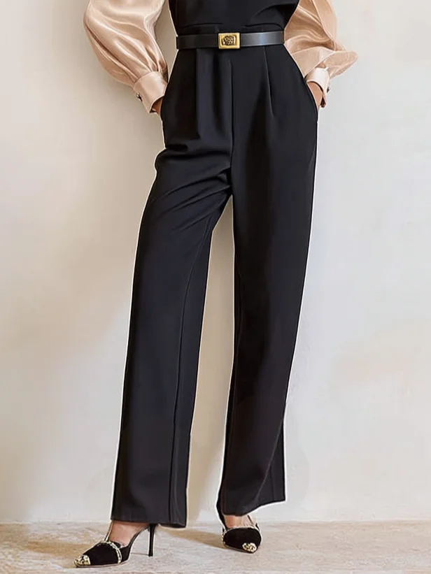 Women Black Split Joint Buckle Stand Collar Long Sleeve Dressy Jumpsuit
