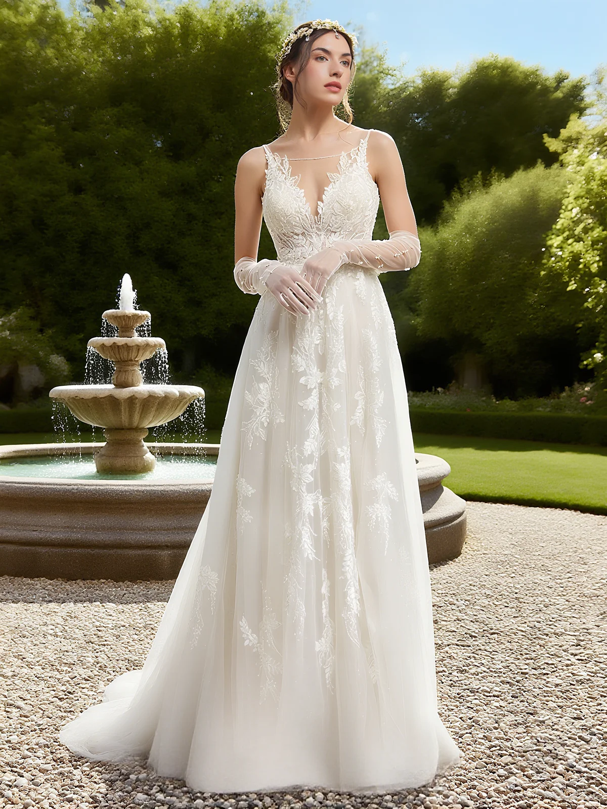 White Lace Bridal/Wedding Dress Spaghetti Sleeveless A-Line Gown