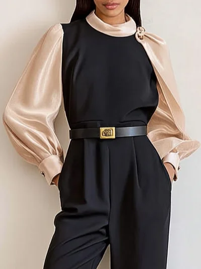 Women Black Split Joint Buckle Stand Collar Long Sleeve Dressy Jumpsuit