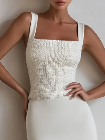 Off White Ruched Split Joint Knit Spaghetti Sleeveless Sheath Maxi Dress