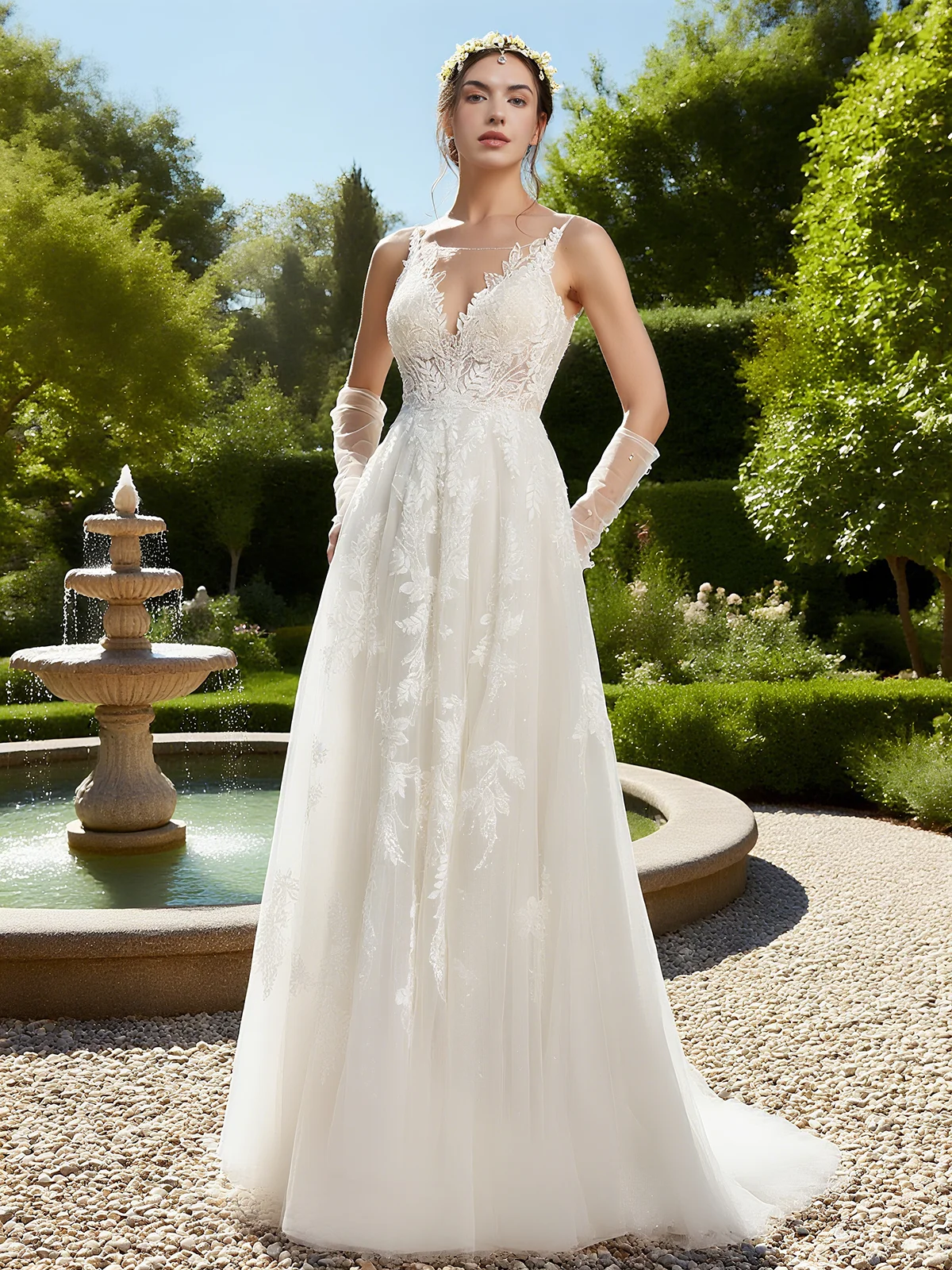 White Lace Bridal/Wedding Dress Spaghetti Sleeveless A-Line Gown