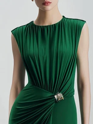 darkgreen Grommets Ruched Knit Crew Neck Sleeveless Sheath Maxi Dress