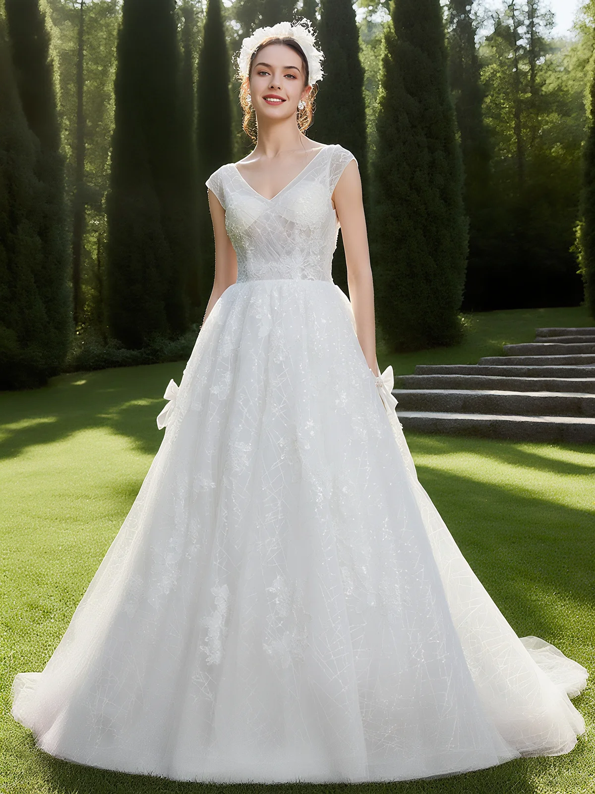 White Mesh Bridal/Wedding Dress V Neck Sleeveless A-Line Gown
