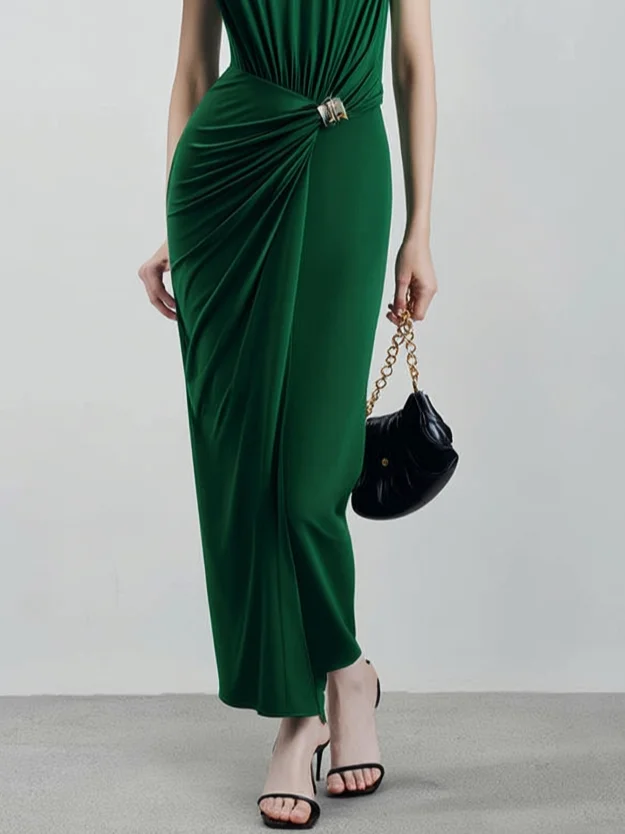 darkgreen Grommets Ruched Knit Crew Neck Sleeveless Sheath Maxi Dress