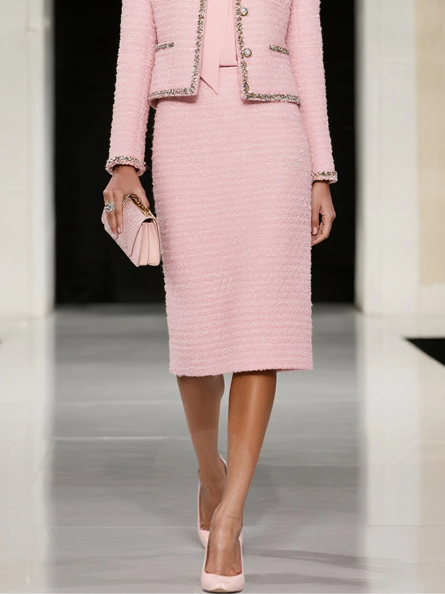 Women Pink Piping Buckle Crew Neck Long Sleeve Dressy Coat With Skirt Two-Piece Set