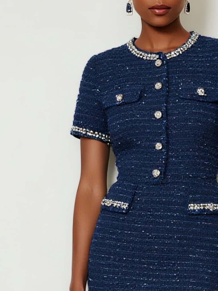 Navy Blue Buckle Piping Tweed Crew Neck Short Sleeve Sheath Midi Dress
