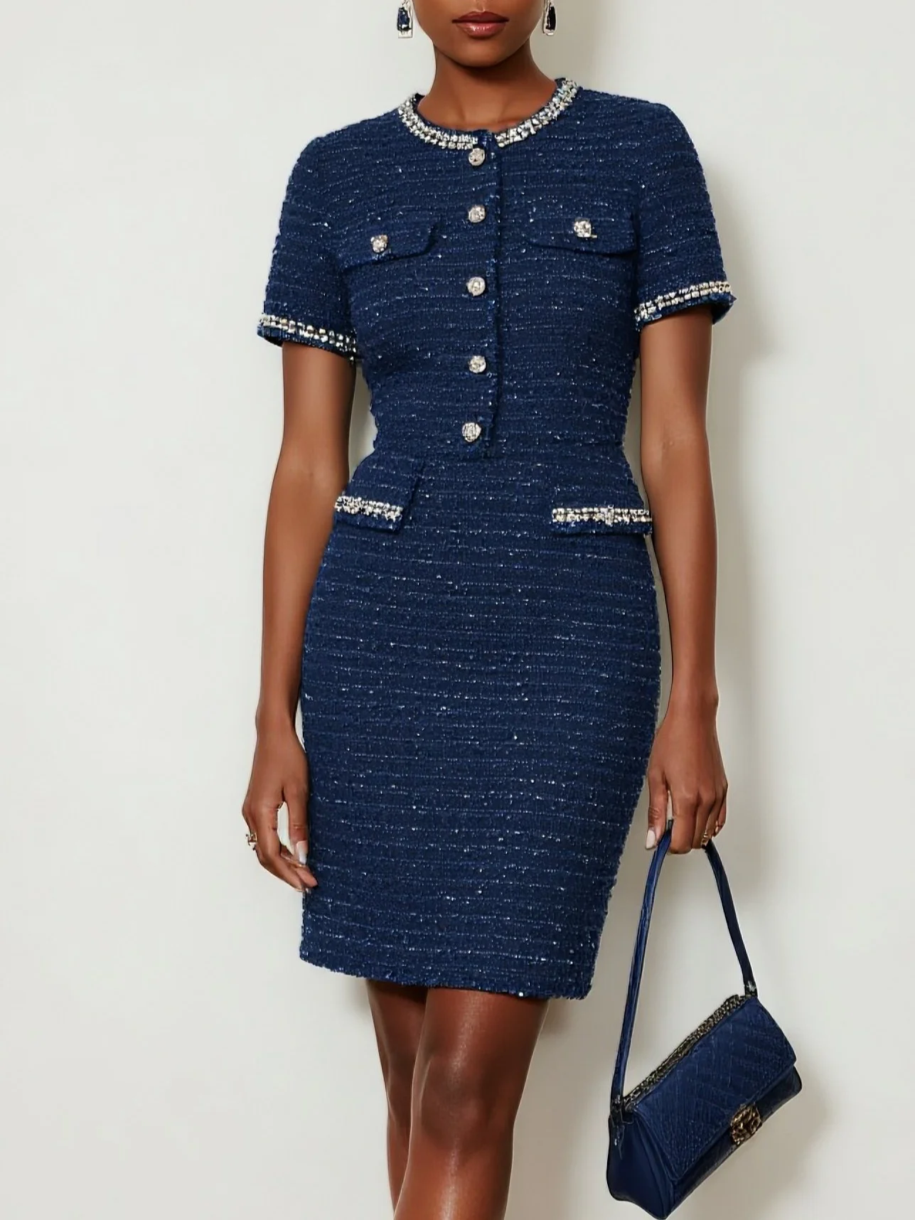 Navy Blue Buckle Piping Tweed Crew Neck Short Sleeve Sheath Midi Dress