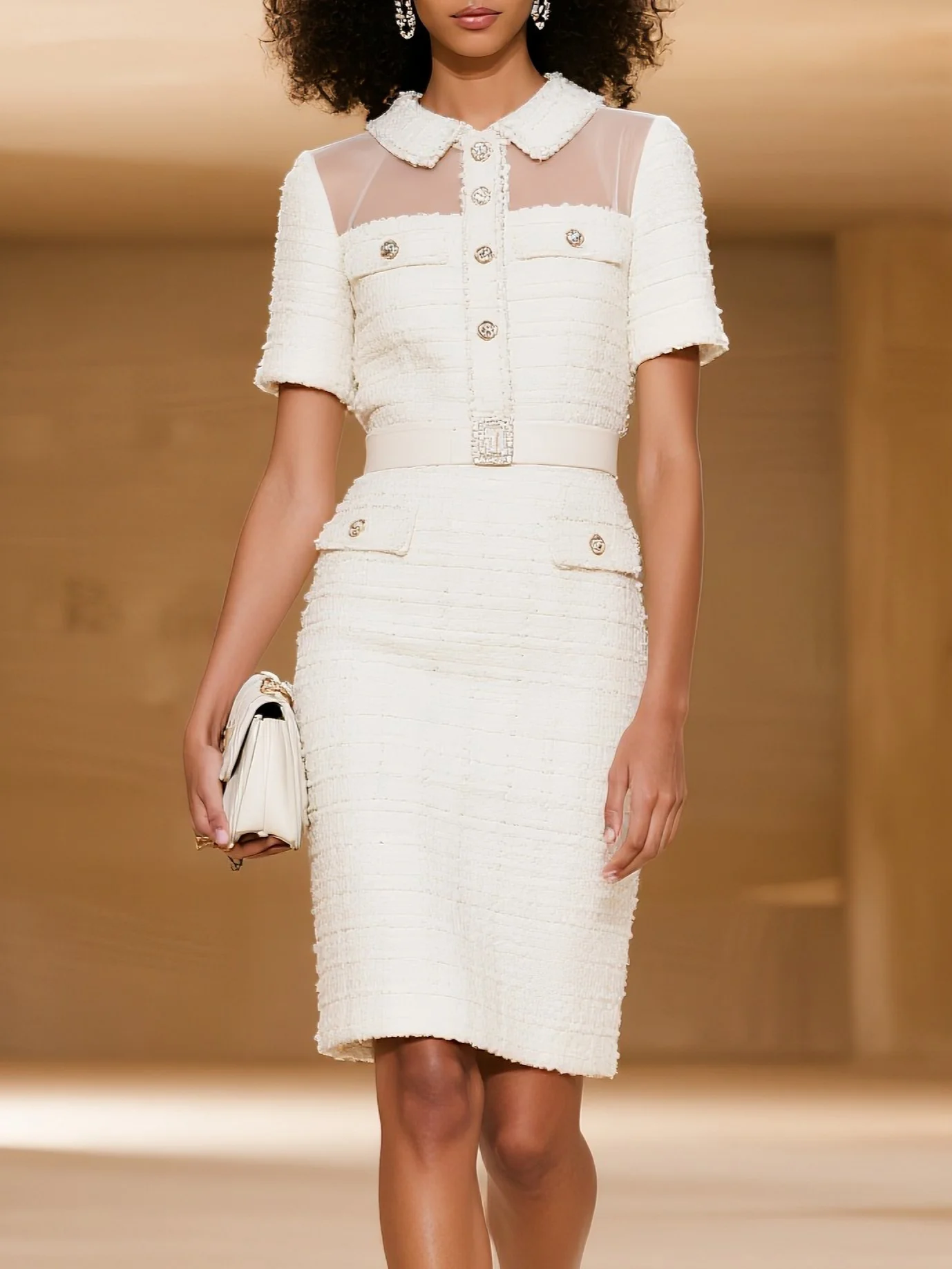 White Buckle Mesh Tweed Shawl Collar Short Sleeve Sheath Midi Dress