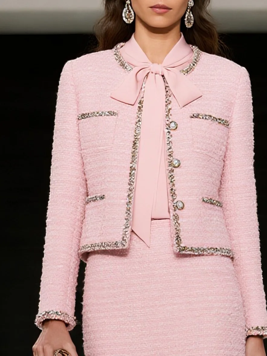 Women Pink Piping Buckle Crew Neck Long Sleeve Dressy Coat With Skirt Two-Piece Set