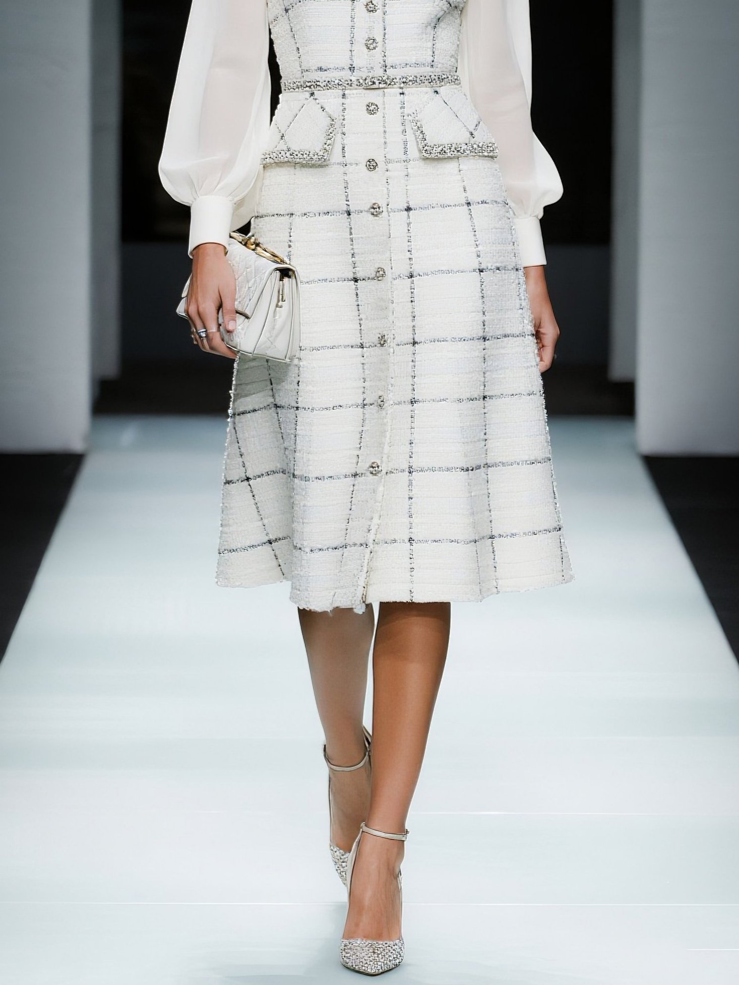 White Buckle Piping Tweed V Neck Long Sleeve Balloon Sleeve A-Line Midi Dress