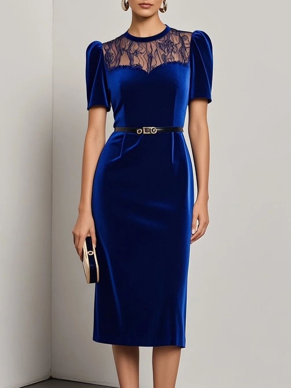 Blue Lace Velvet Crew Neck Short Sleeve Sheath Midi Dress