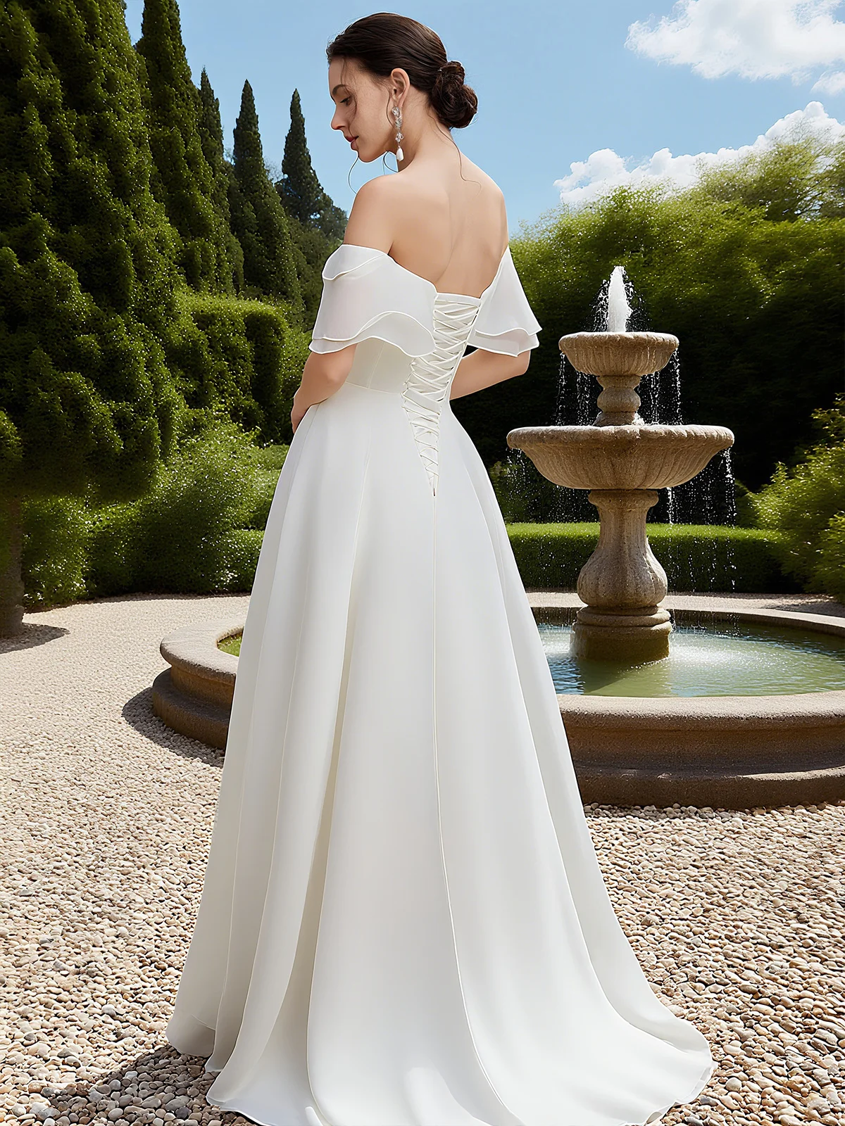 White Bridal/Wedding Dress Off The Shoulder Short Sleeve A-Line Gown