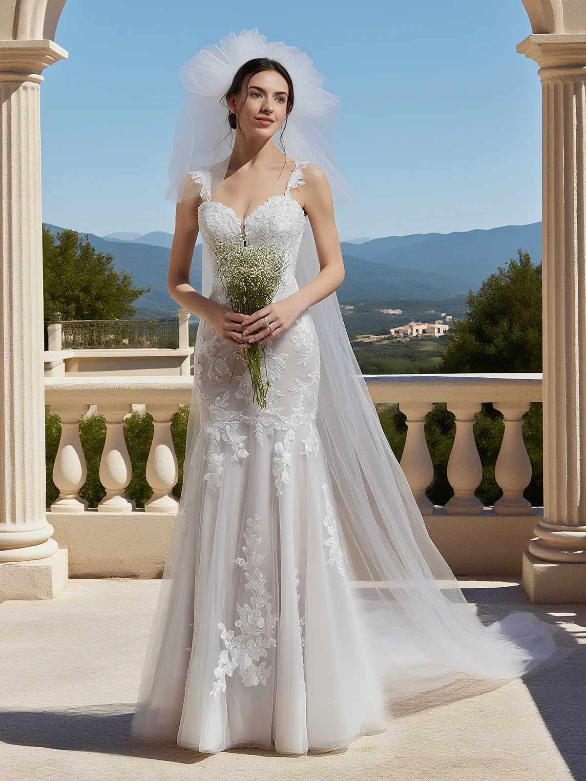 White Lace Bridal/Wedding Dress Spaghetti Gallus Mermaid Gown