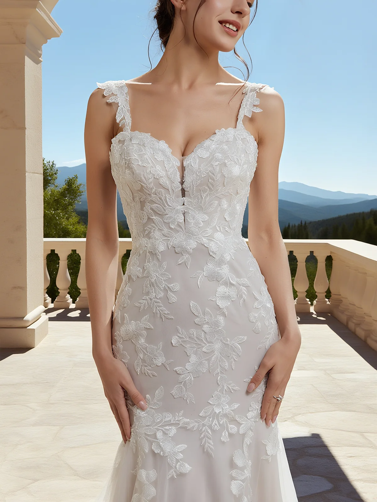 White Lace Bridal/Wedding Dress Spaghetti Gallus Mermaid Gown
