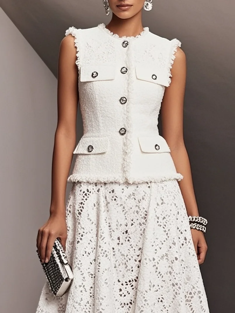 Women Tweed White Buckle Pocket Stitching Crew Neck Sleeveless Dressy Coat With Skirt Two-Piece Set