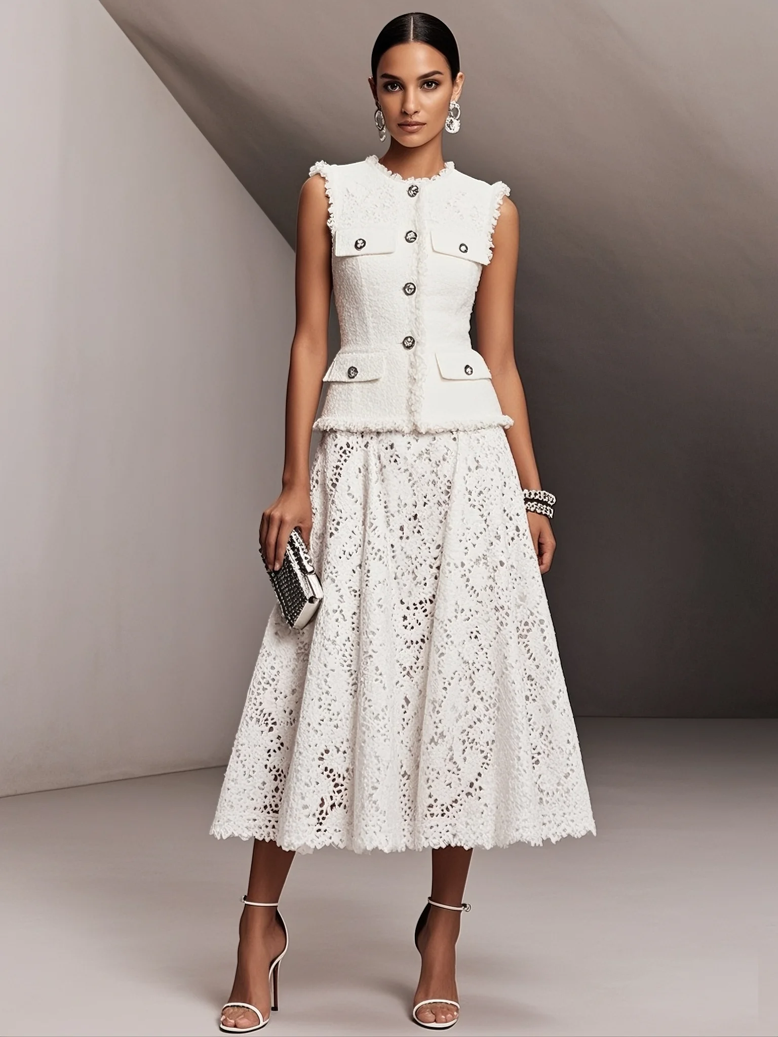 Women Tweed White Buckle Pocket Stitching Crew Neck Sleeveless Dressy Coat With Skirt Two-Piece Set