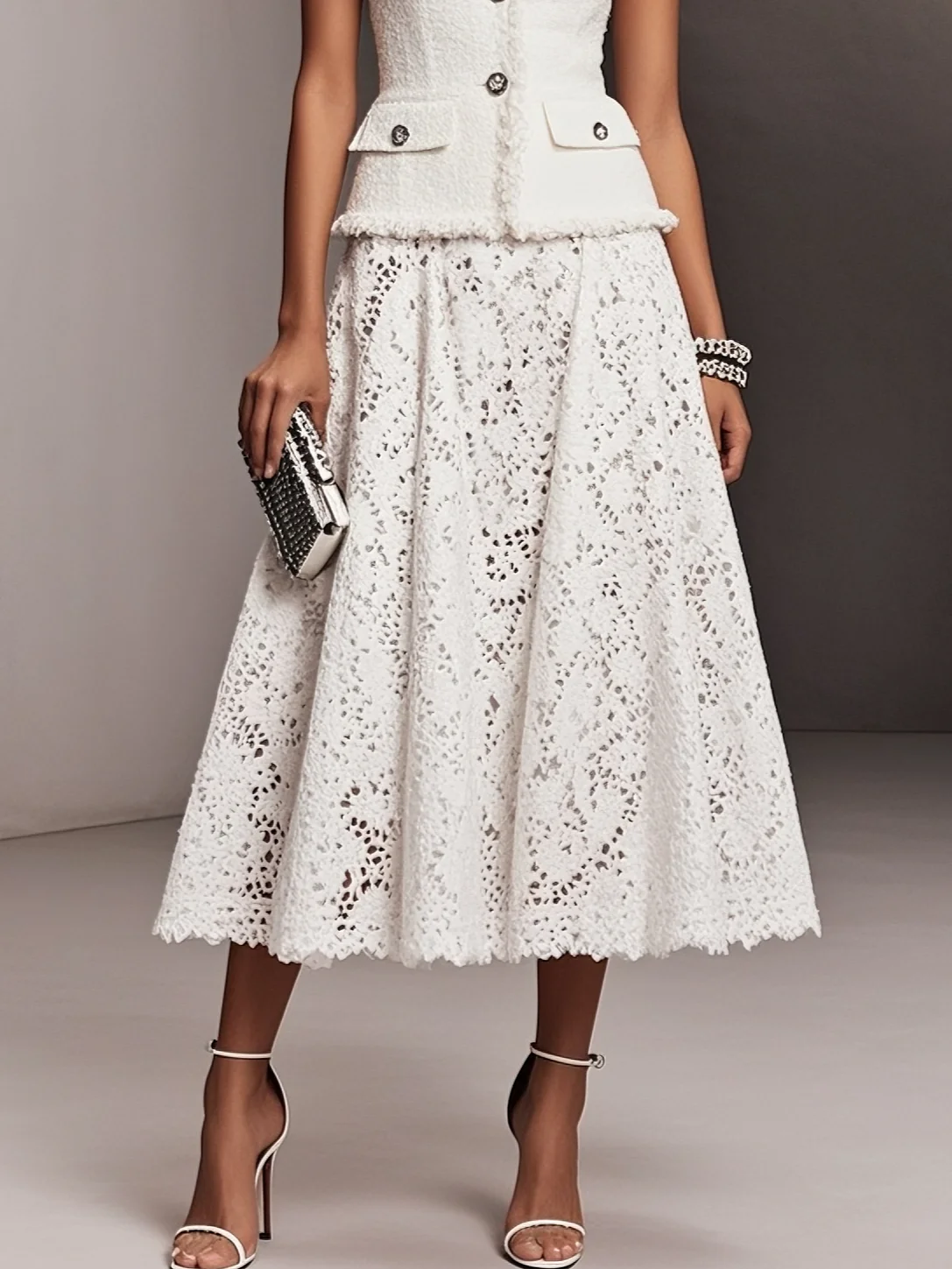 Women Tweed White Buckle Pocket Stitching Crew Neck Sleeveless Dressy Coat With Skirt Two-Piece Set