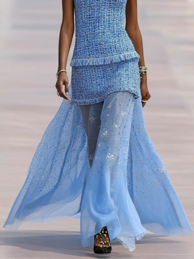 Blue Rhinestone Tassel Tweed Crew Neck Sleeveless A-Line Maxi Dress