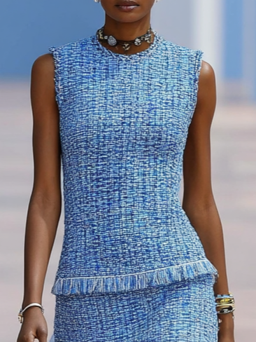 Blue Rhinestone Tassel Tweed Crew Neck Sleeveless A-Line Maxi Dress