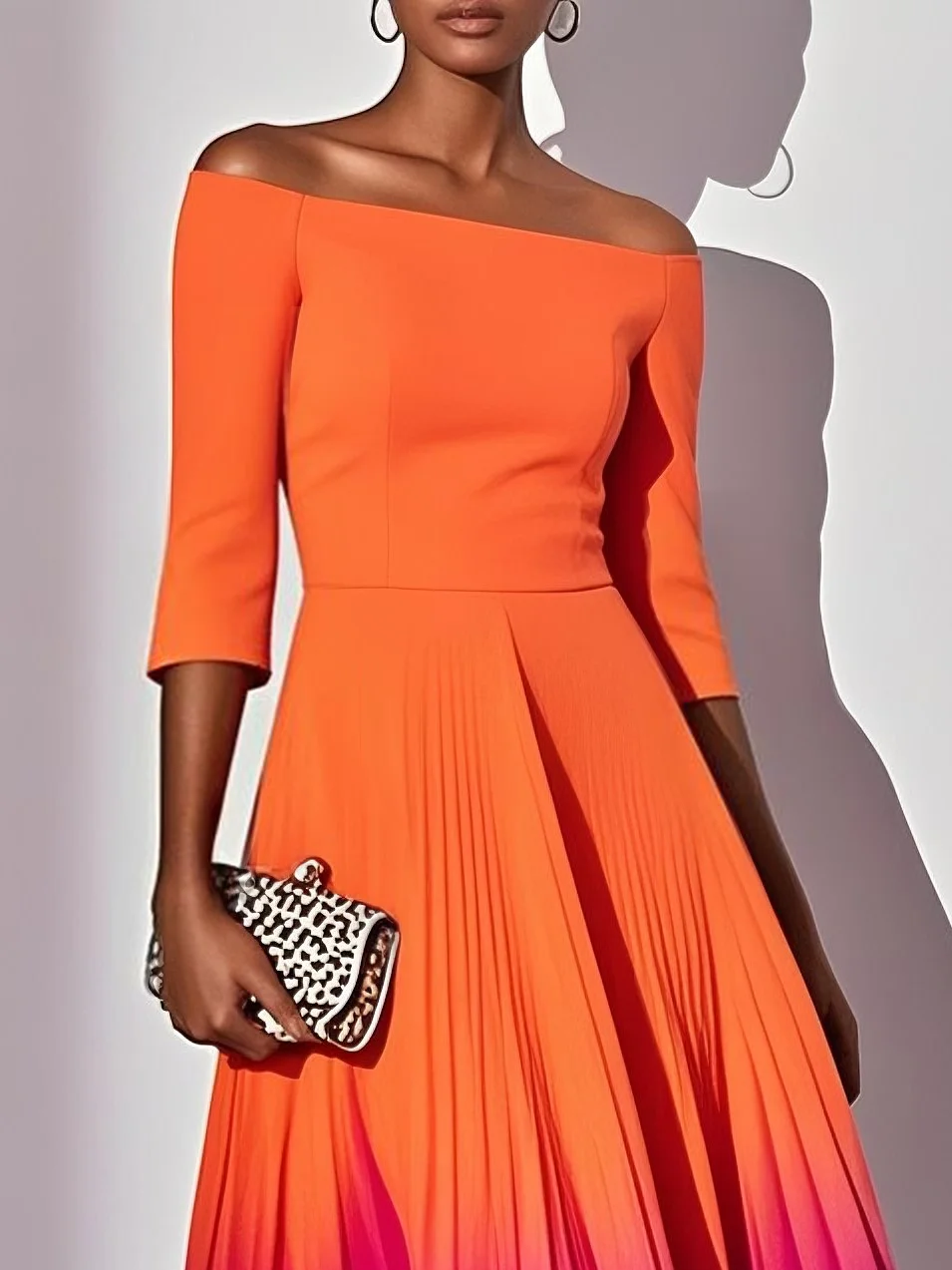 Orange Pleated Ombre Classic Off The Shoulder Half Sleeve A-Line Midi Dress