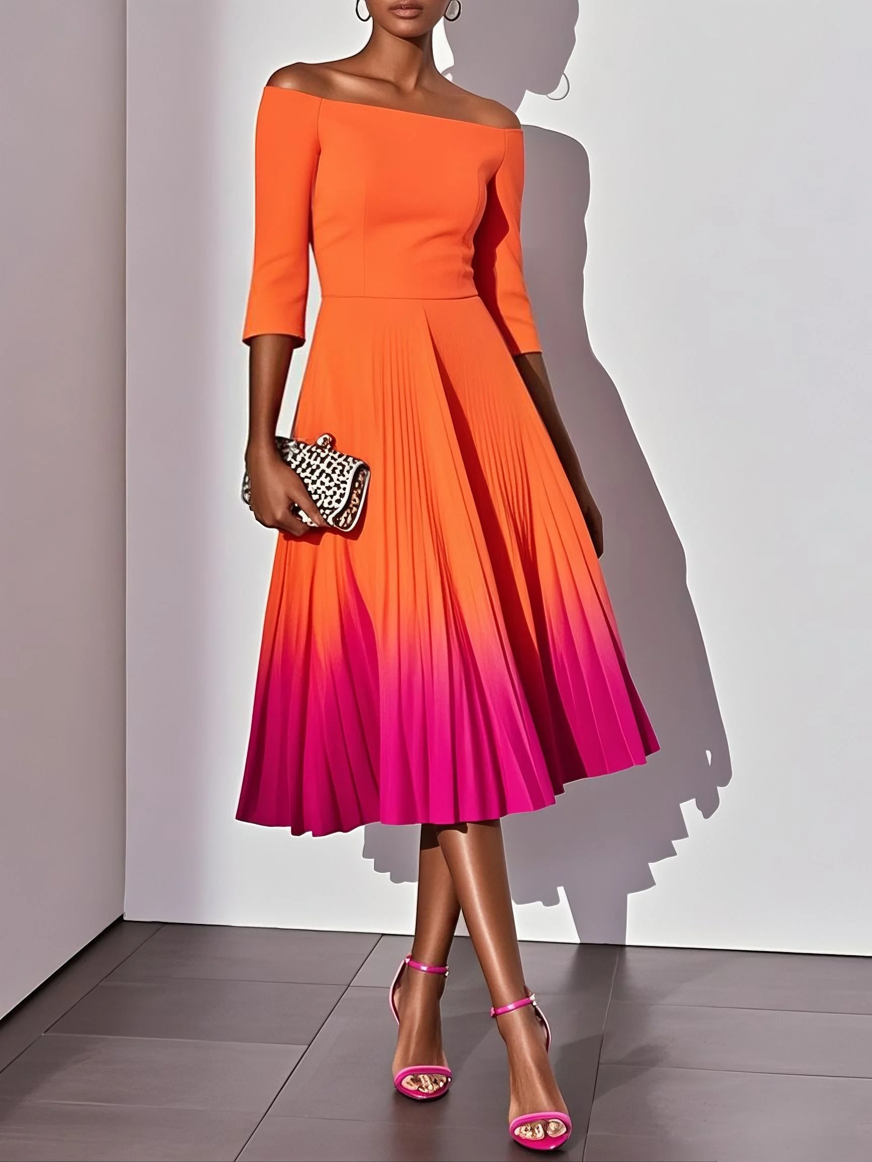 Orange Pleated Ombre Classic Off The Shoulder Half Sleeve A-Line Midi Dress