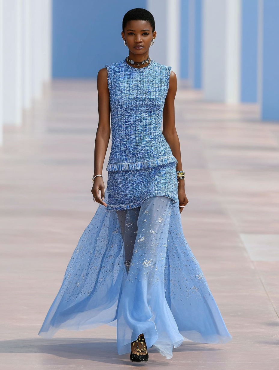 Blue Rhinestone Tassel Tweed Crew Neck Sleeveless A-Line Maxi Dress