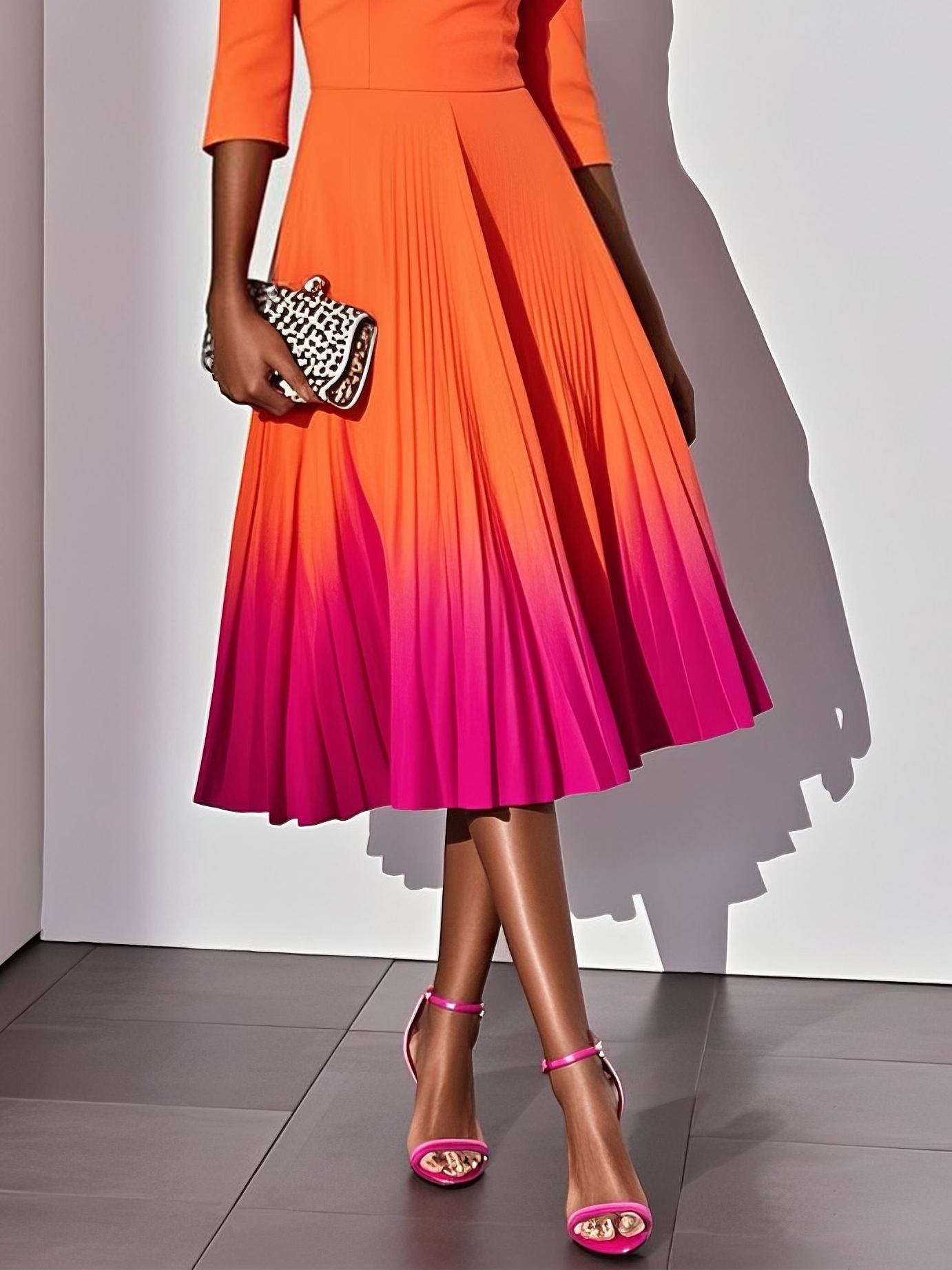 Orange Pleated Ombre Classic Off The Shoulder Half Sleeve A-Line Midi Dress